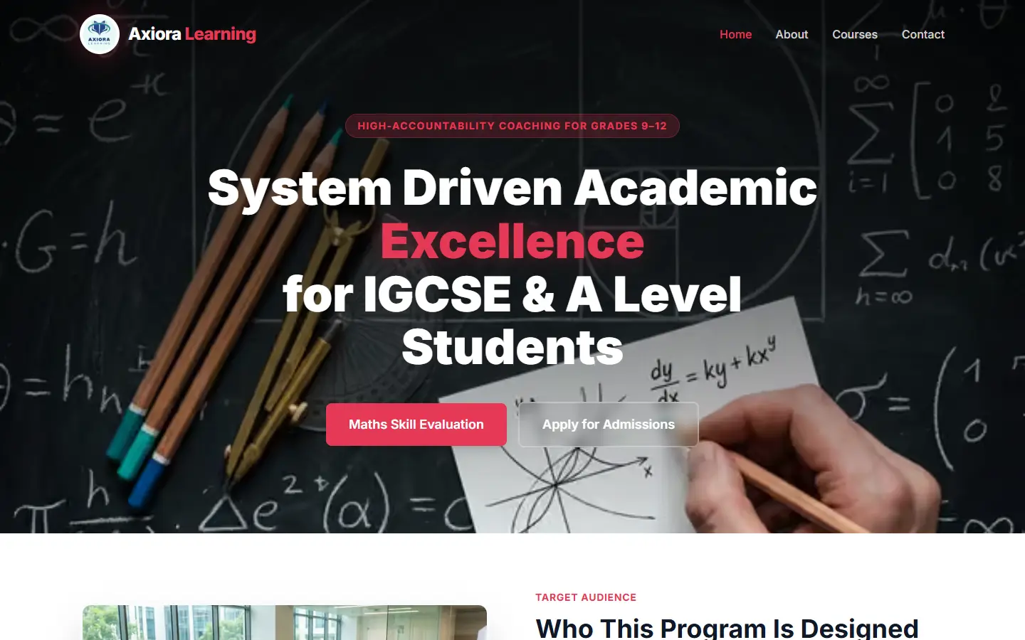 Axiora Learning, desktop screen 1